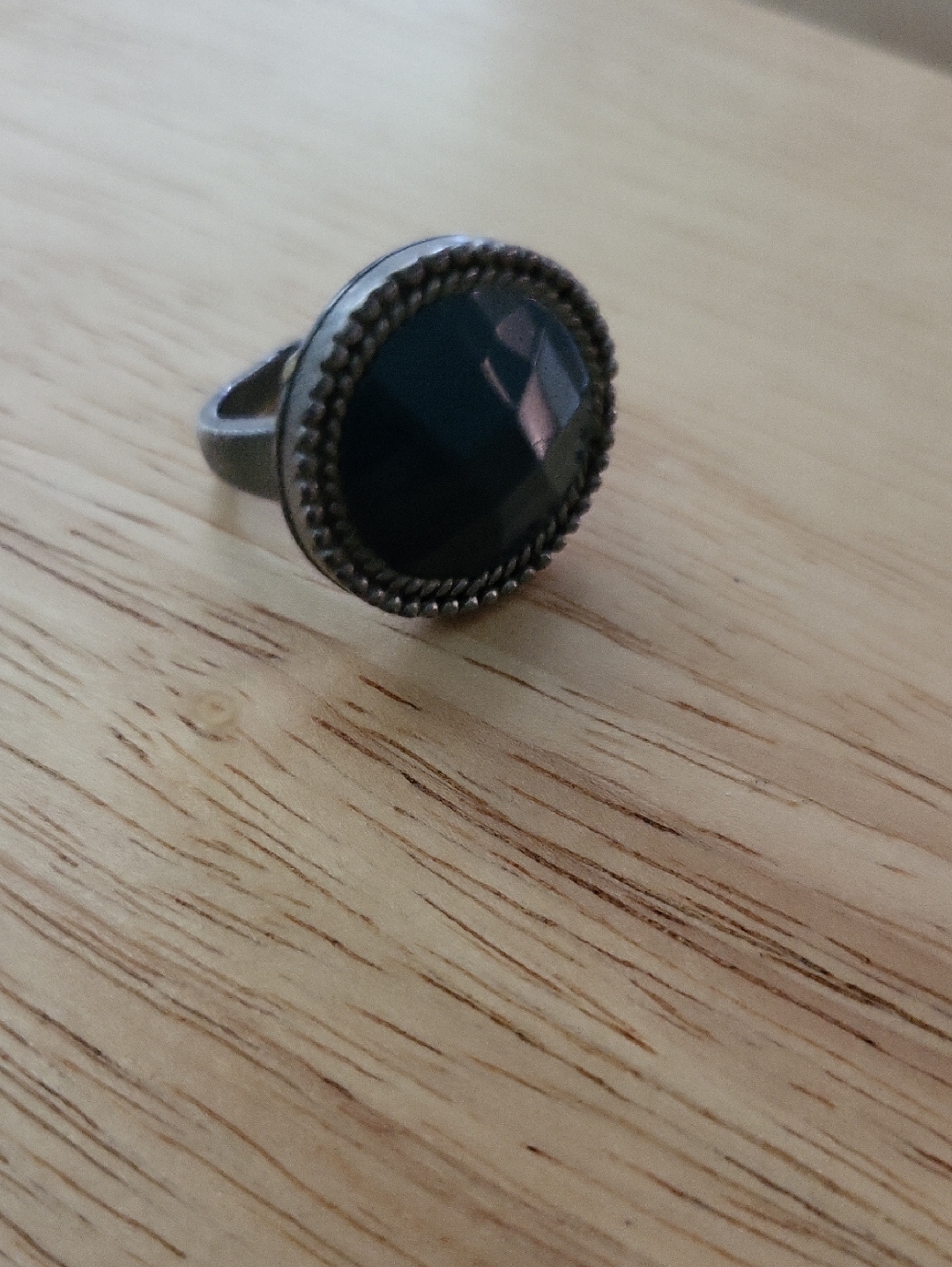 Faceted Dark Blue Stone Antique Silver-Tone Ring